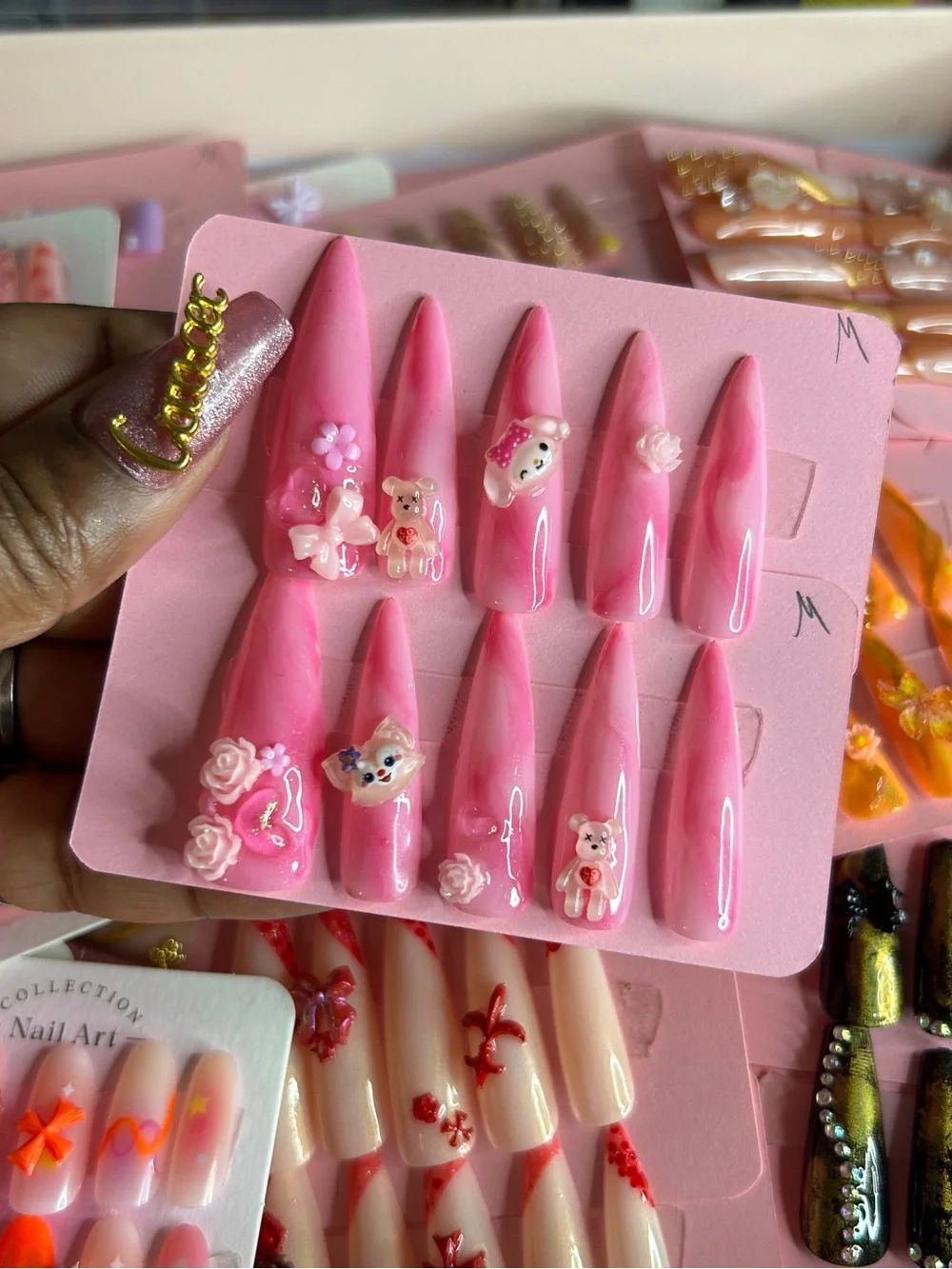 Pink Stiletto Press-On Nails with 3D Charms